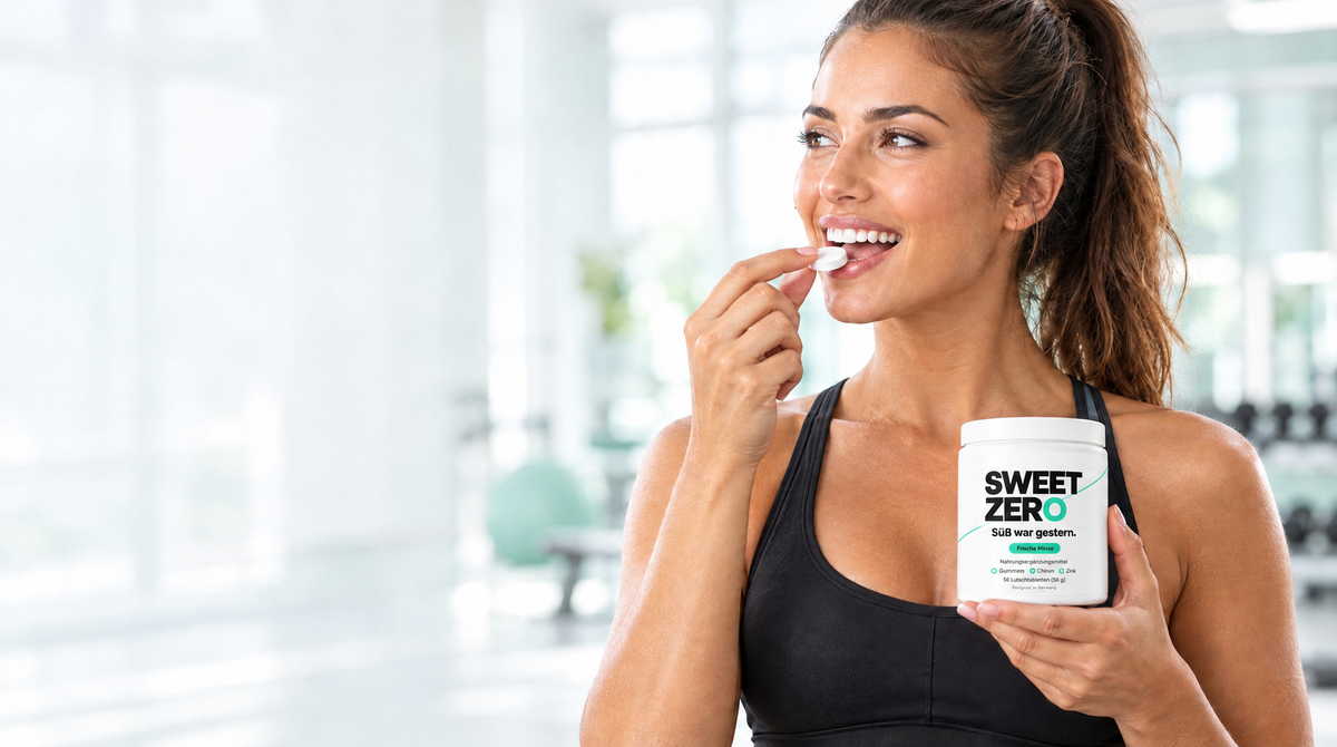 Frau lutscht eine Sweet Zero™ Tablette und hält die Dose